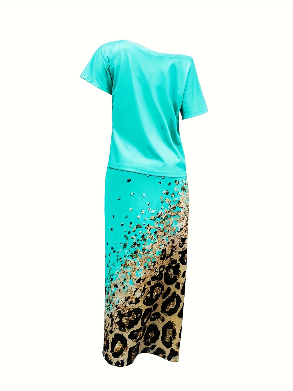 Casual Two-piece Skirt Set, Letter Print Top & Leopard Print Drawstring Pockets Skirt Outfits, Women's Clothing