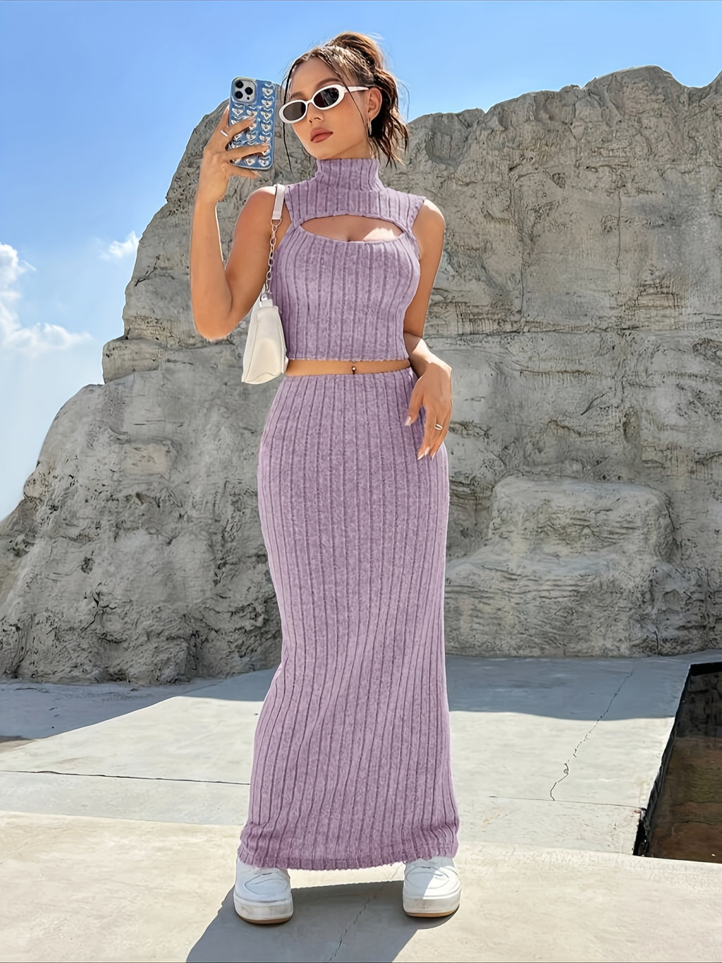Two-piece Ribbed Matching Skirt Set, High Neck Cut Out Top & Loose Skirt Outfits for Women