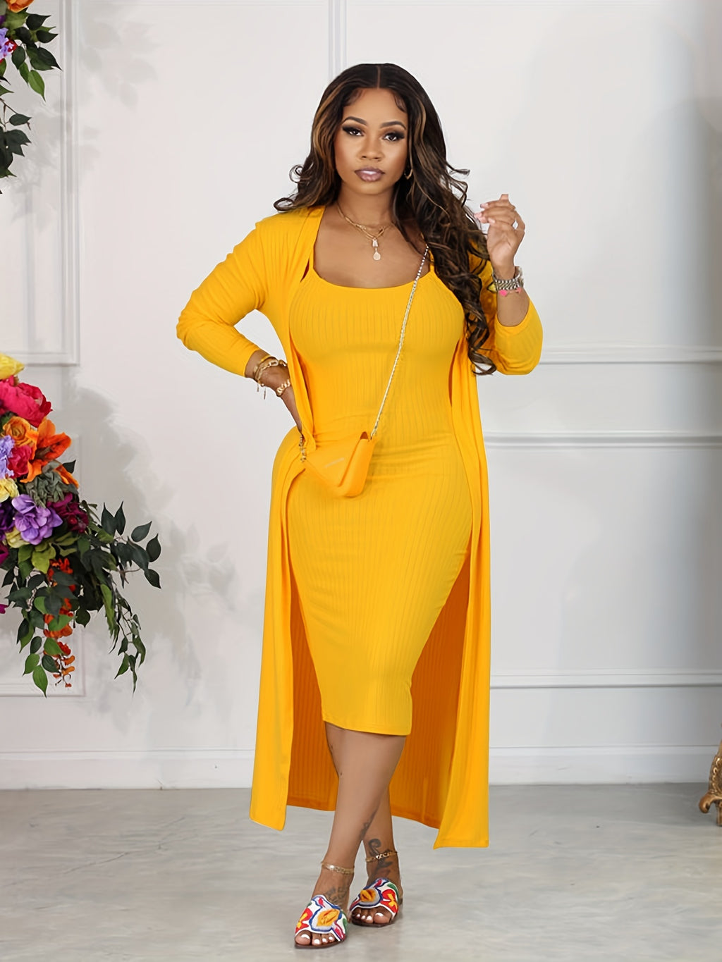 Two-piece Long Sleeve Casual Solid Ribbed Set: Cardigan & Bodycon Cami Dress Outfits for Women