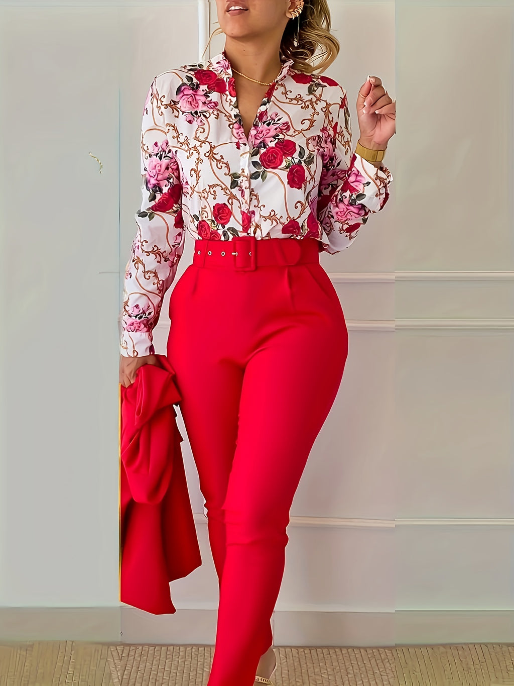 Elegant Two-piece Set, Floral Print V Neck Long Sleeve Blouse & Solid Belted Tapered Pants Outfits, Women's Clothing
