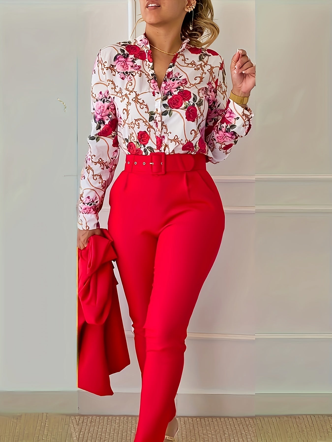 Elegant Two-piece Set, Floral Print V Neck Long Sleeve Blouse & Solid Belted Tapered Pants Outfits, Women's Clothing