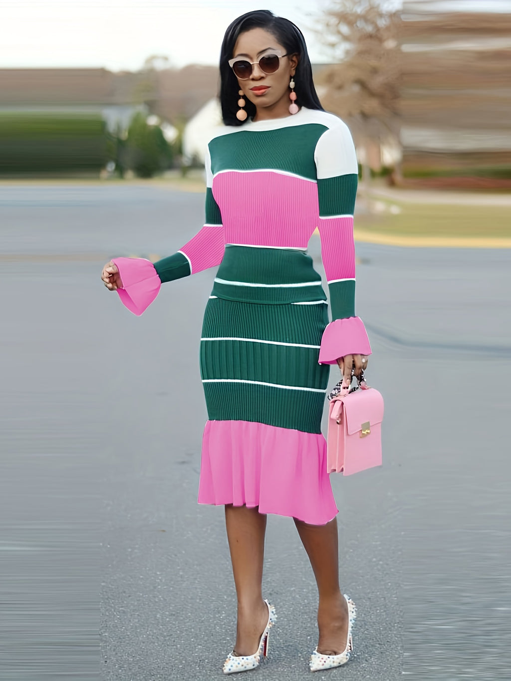 Casual Chic Color Block & Stripe Two-Piece Set - Cotton Blend Crew Neck Top with High-Elasticity Chiffon Skirt