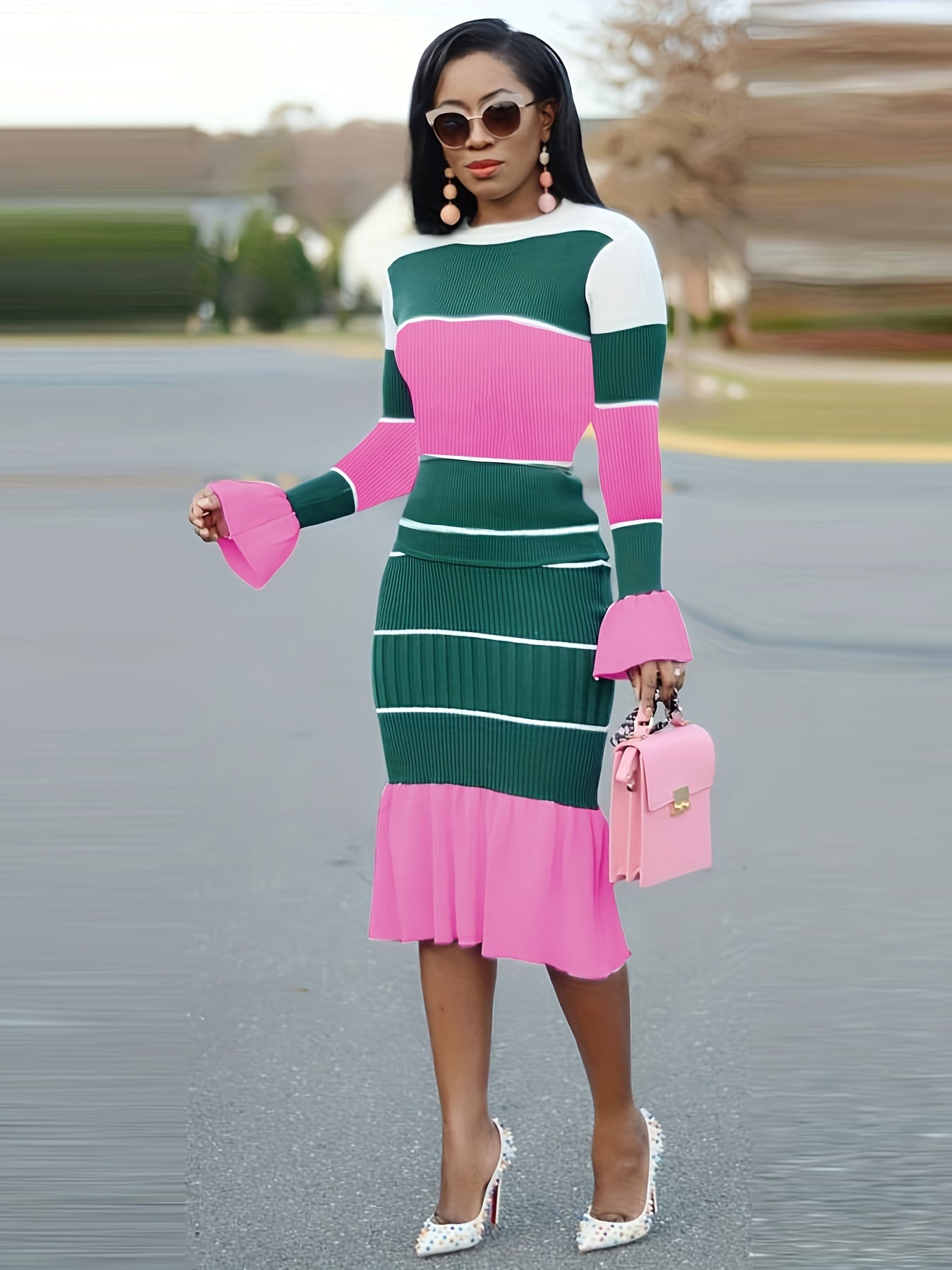 Casual Chic Color Block & Stripe Two-Piece Set - Cotton Blend Crew Neck Top with High-Elasticity Chiffon Skirt