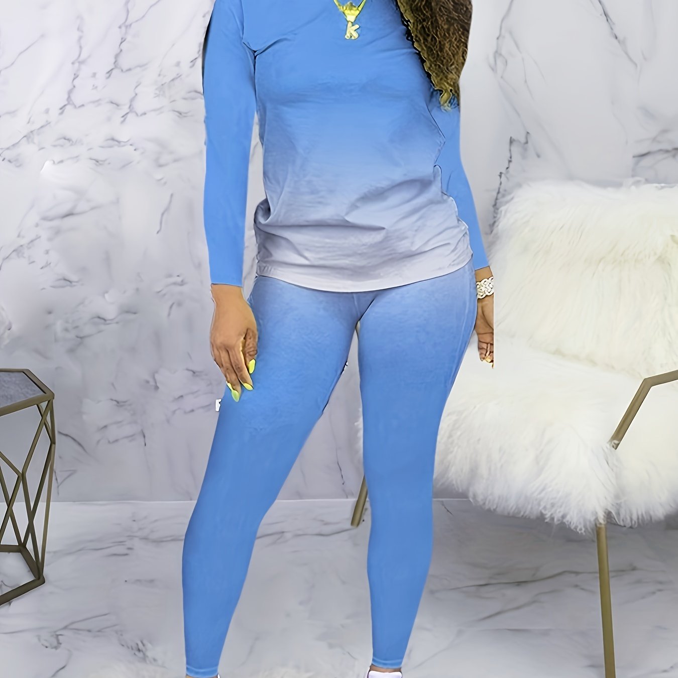 Plus Size Casual Outfits Set, Women's Plus Ombre Print Long Sleeve Round Neck Top & Pants Outfits Two Piece Set