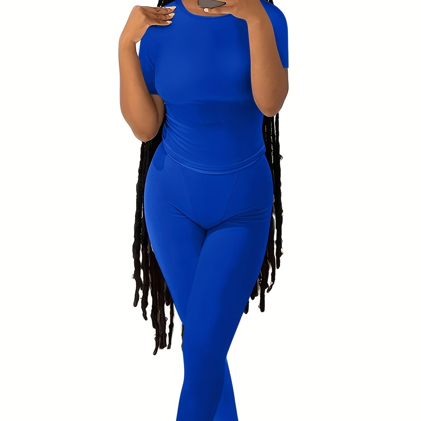 Casual Solid Two-piece Set, Crew Neck Short Sleeve Top & Skinny Pants Outfits, Women's Clothing