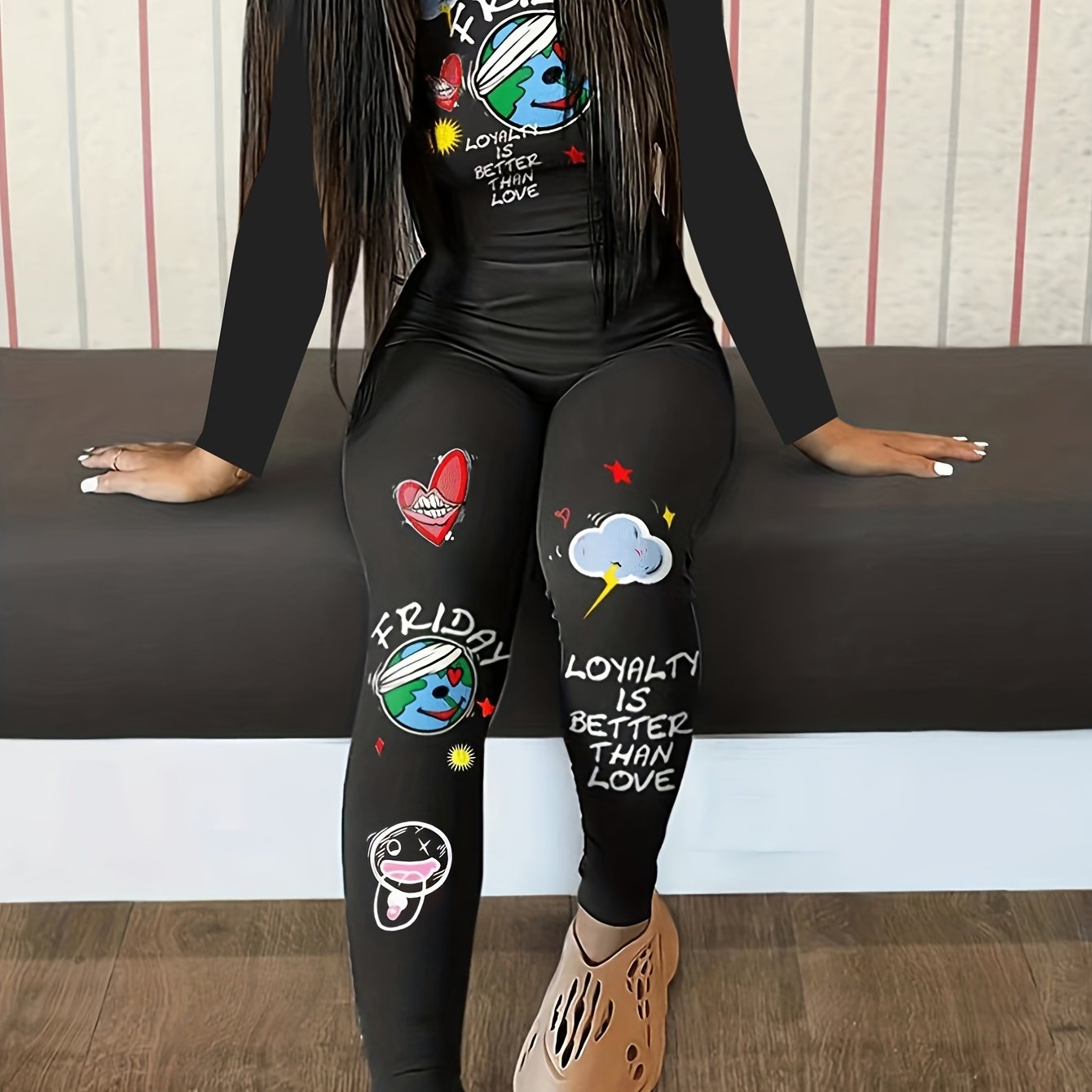Graffiti Printed Casual Two-piece Set, Round Neck Long-sleeved Top And High-waisted Pants Suit, Women's Clothing