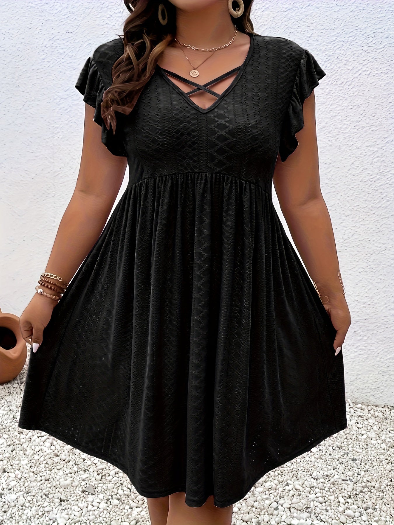 Plus Size, Women's Elegant Black Formal & casual Dresses - Flared Hem Party Wedding Outfit, Machine Washable Semi-Formal Evening Gown for Women, Dresses for Wedding Guest, Vneck Dress, Semitransparent Material, Elegant Embroi