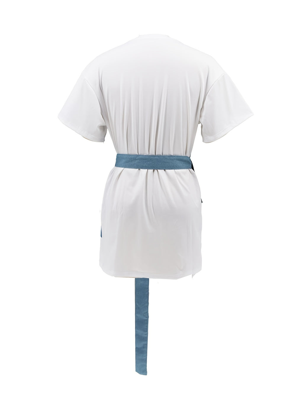 Western Crew Neck Belt Dress, Casual Loose Short Sleeve Denim Stitching Waist Summer Dresses, Women's Clothing