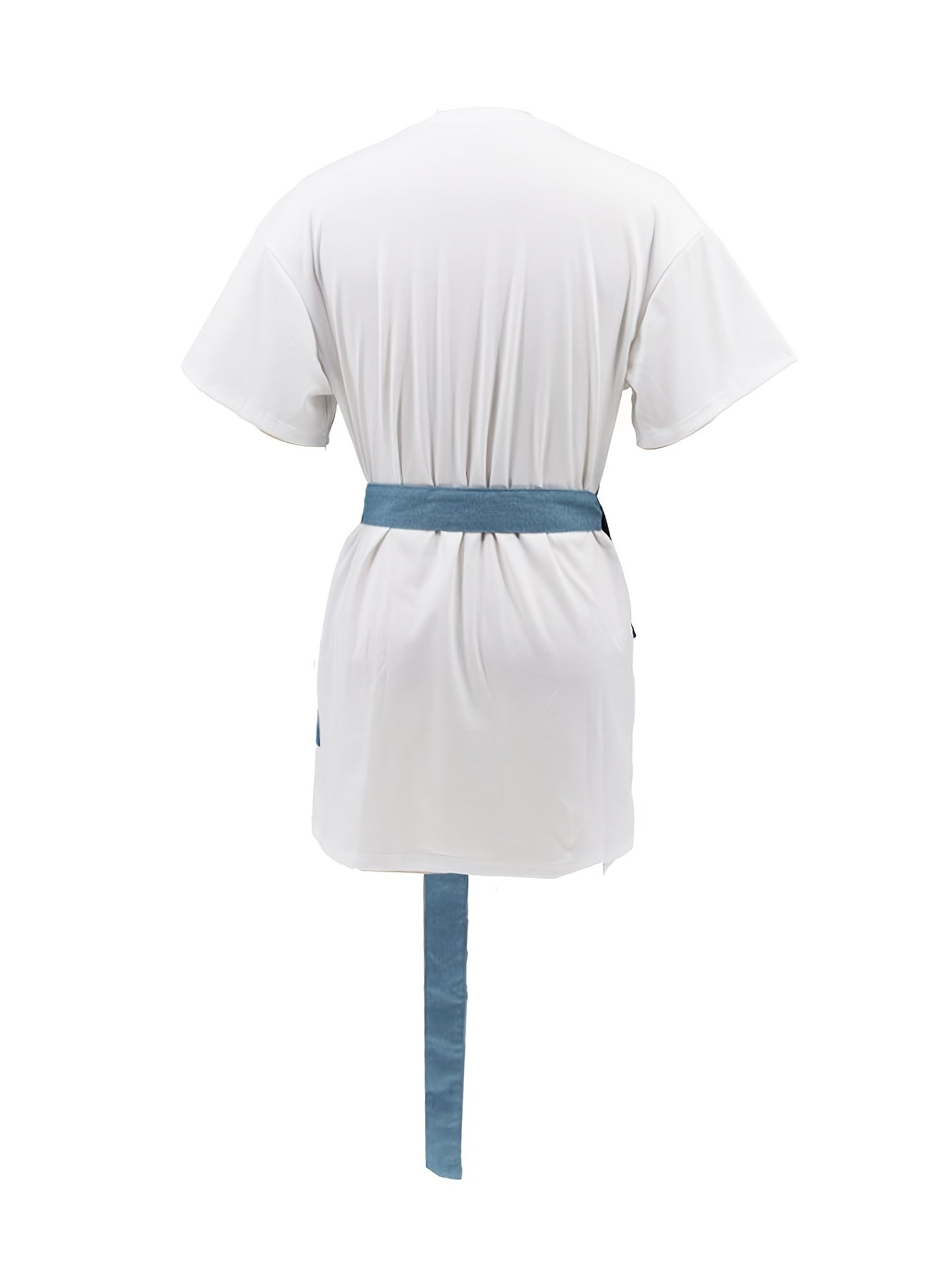 Western Crew Neck Belt Dress, Casual Loose Short Sleeve Denim Stitching Waist Summer Dresses, Women's Clothing
