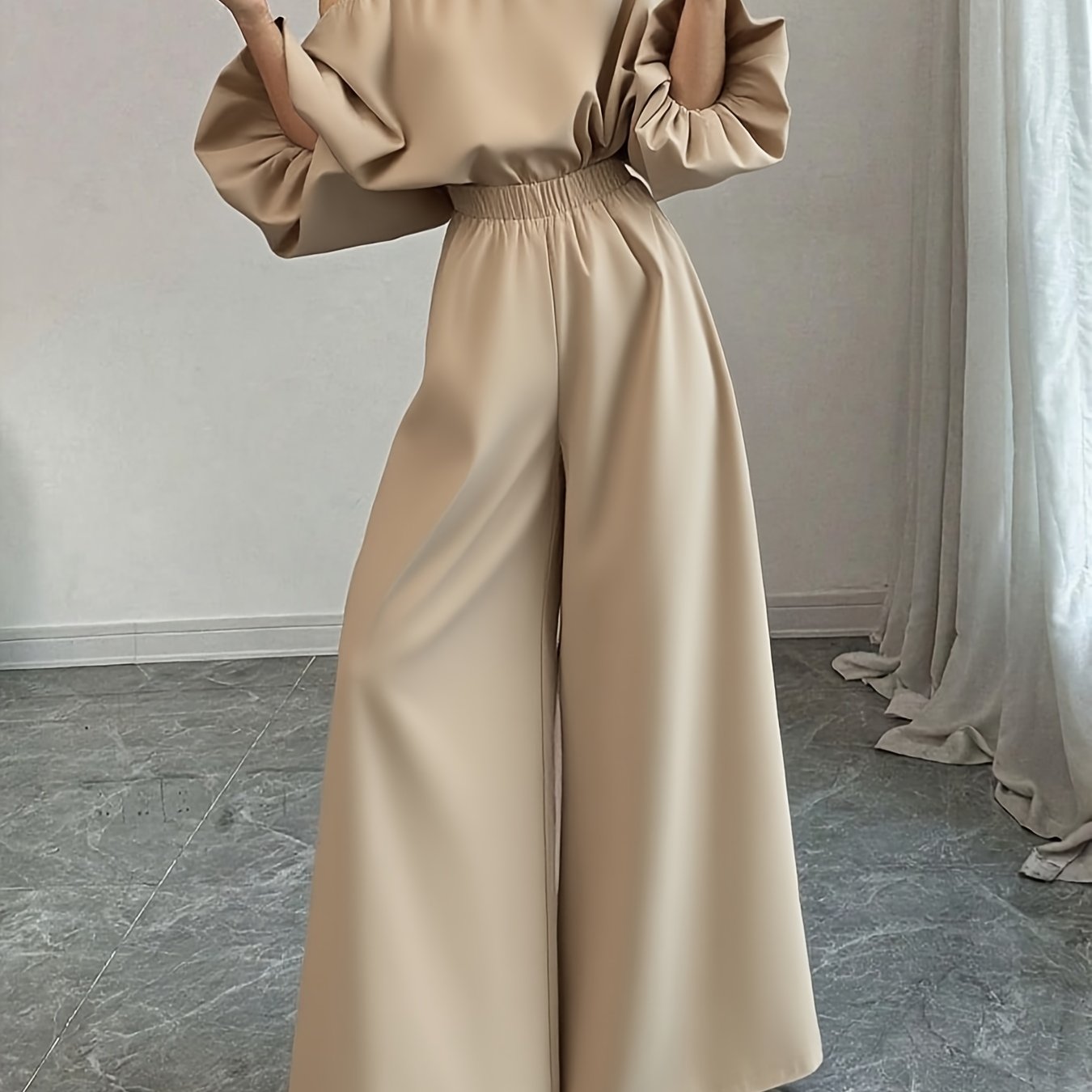 Women's Elegant Navy Blue Elegant Two-Piece Set - Structured One-Shoulder Bubble Sleeve Top & High-Waisted Wide-Leg Pants, Solid Color Winter Outfit with Puffed Sleeves, Machine Washable Formal & Everyday Winter Attire for Fa