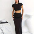 Two-piece Set, Solid Casual Crew Neck Crop Top & Bodycon Skirt Outfits for Women