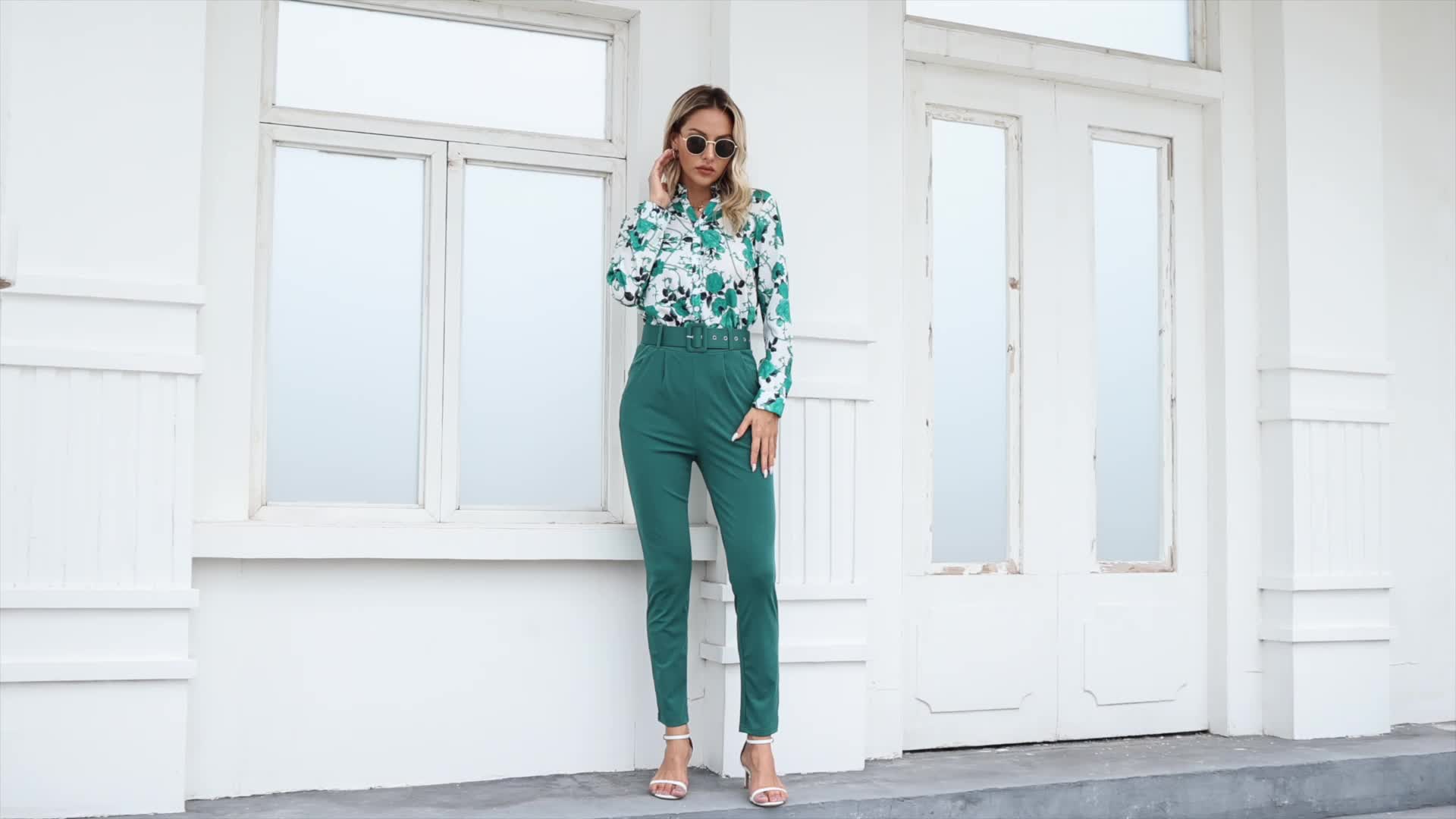 Elegant Two-piece Set, Floral Print V Neck Long Sleeve Blouse & Solid Belted Tapered Pants Outfits, Women's Clothing