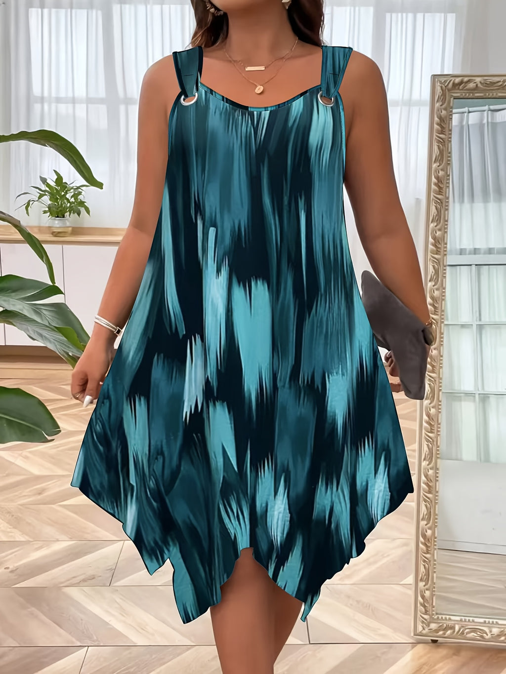 Plus Size Women's Elegant Sleeveless Summer Dress - Gradient Print with Pockets, Asymmetrical Hem & Round Neck, Machine Washable Casual to Semi-Formal Wear, Casual Summer Dresses, Lightweight Fashion, Round Neckline, Flowy Si