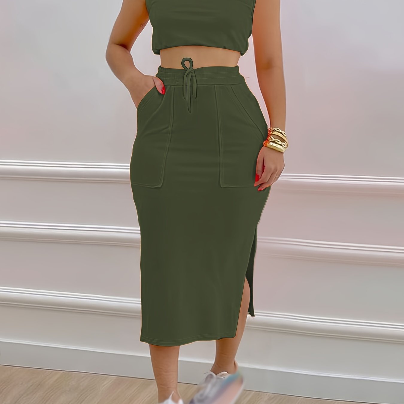 Solid Casual Two-piece Set, Sleeveless Tank Top & Drawstring Split Skirts Outfits, Women's Clothing