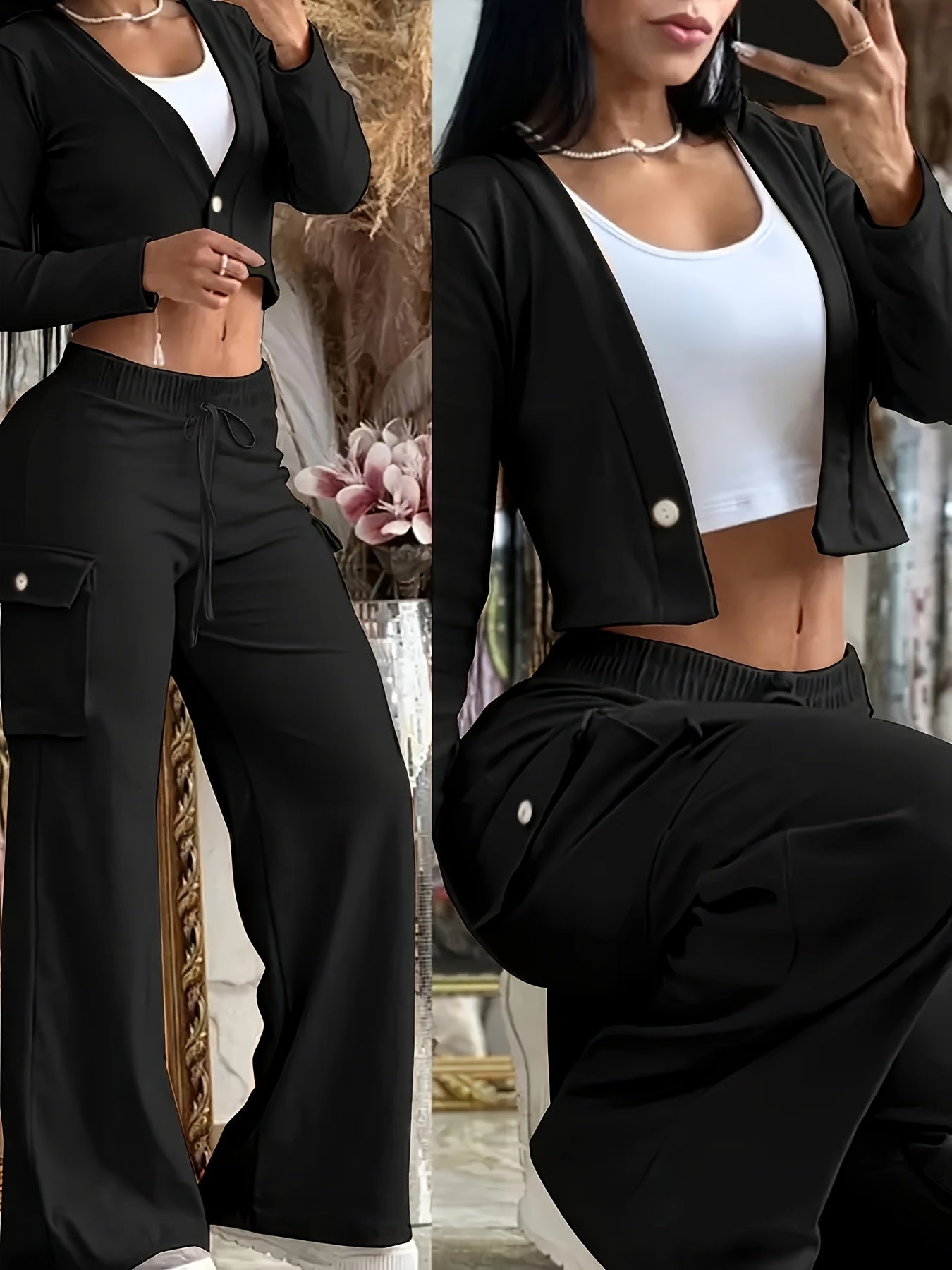 Two Piece Outfits For Women Black Casual Cardigan & Pants Set - Women'S | Polyester Blend, V-Neck, Button-Up, Fall & Winter Casual Wear, Casual Wear|Trendy Casualwear