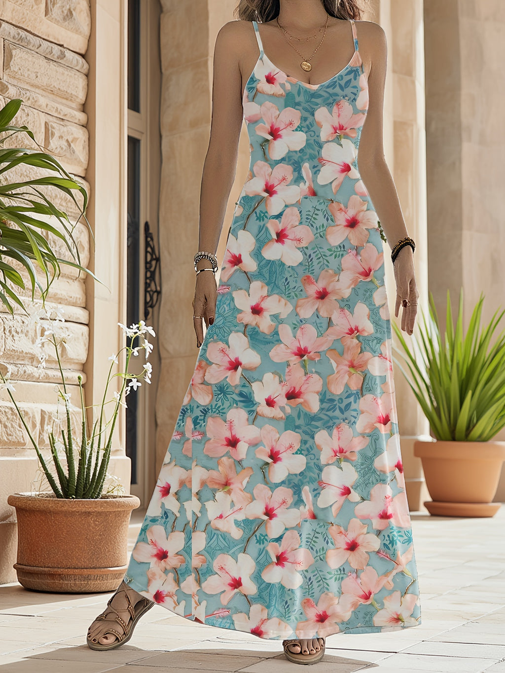 2025 Summer Women's V-Neck Sleeveless Dress - Vibrant All-Over Floral Print, A-Line Long Dress with Exposed Shoulder Straps, Lightweight Beach & Outdoor Casual Dress, Machine Washable, Cute Summer Dresses, Flowy Fabric