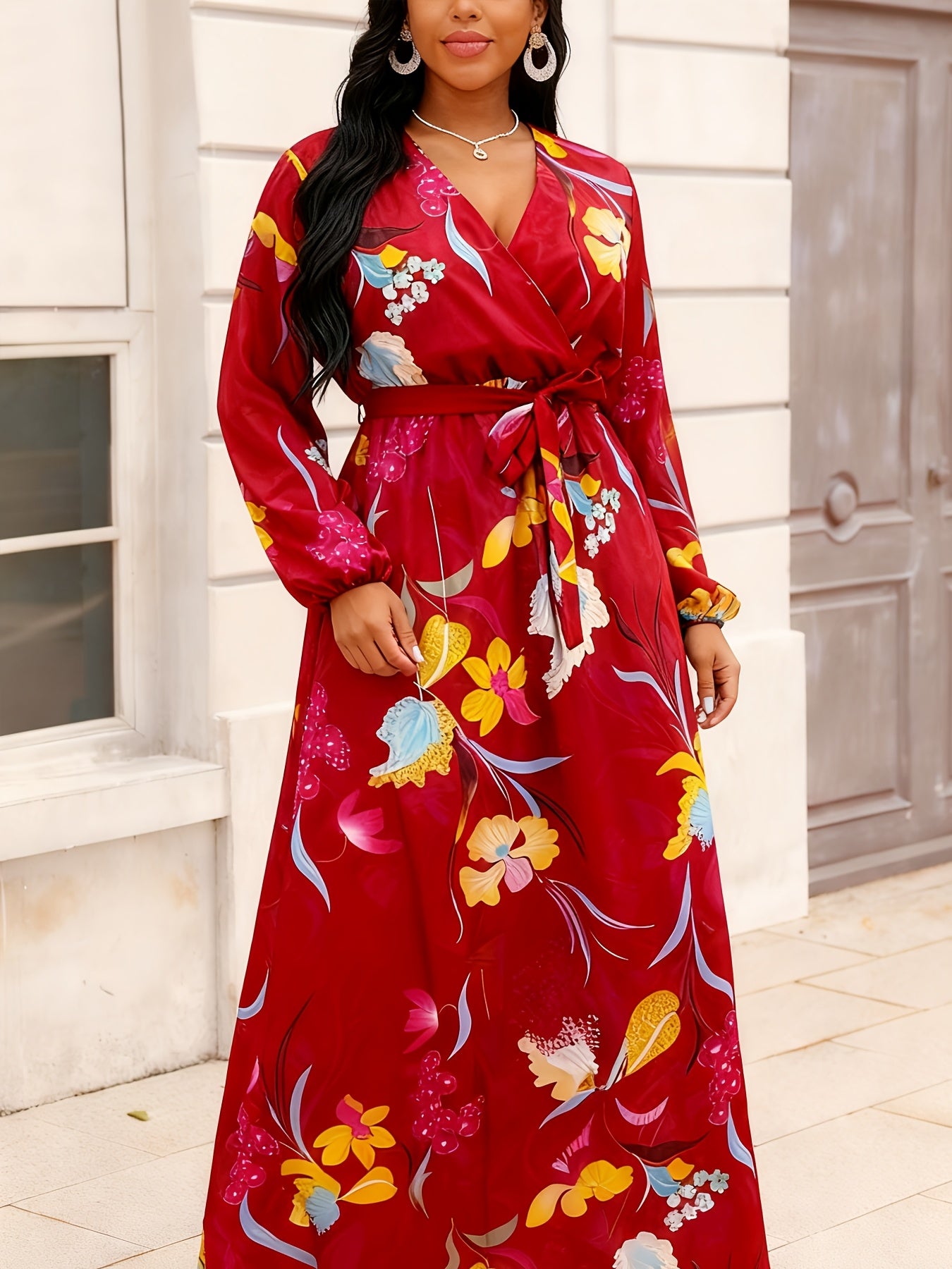 Plus Size, Women's Plus Size Maxi Dress V-Neck Tropical Print A-Line Beach Dress with - Semi-Sheer H-Line Maxi Dress Suitable for Resort Wear, Summer Dresses, Casual Outfits - Machine Washable Long Maxi Length