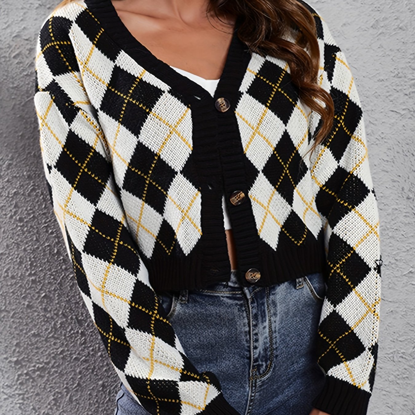 Women'S Elegant Tartan Knit Cardigan, V-Neck Short Length Sweater with Button Detail, Acrylic 100% Long Sleeve Knitwear for Fall/Winter