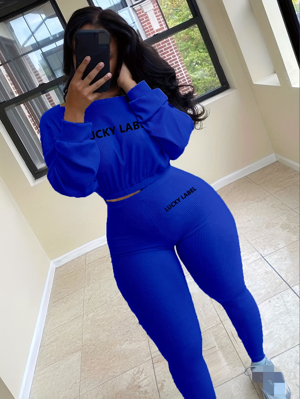 [Women's Sweatshirt Set] Letter Embroidery Women's Two Piece Ribbed s Fall Spring Long Sleeve Sweatshirt and Skinny Pants Set