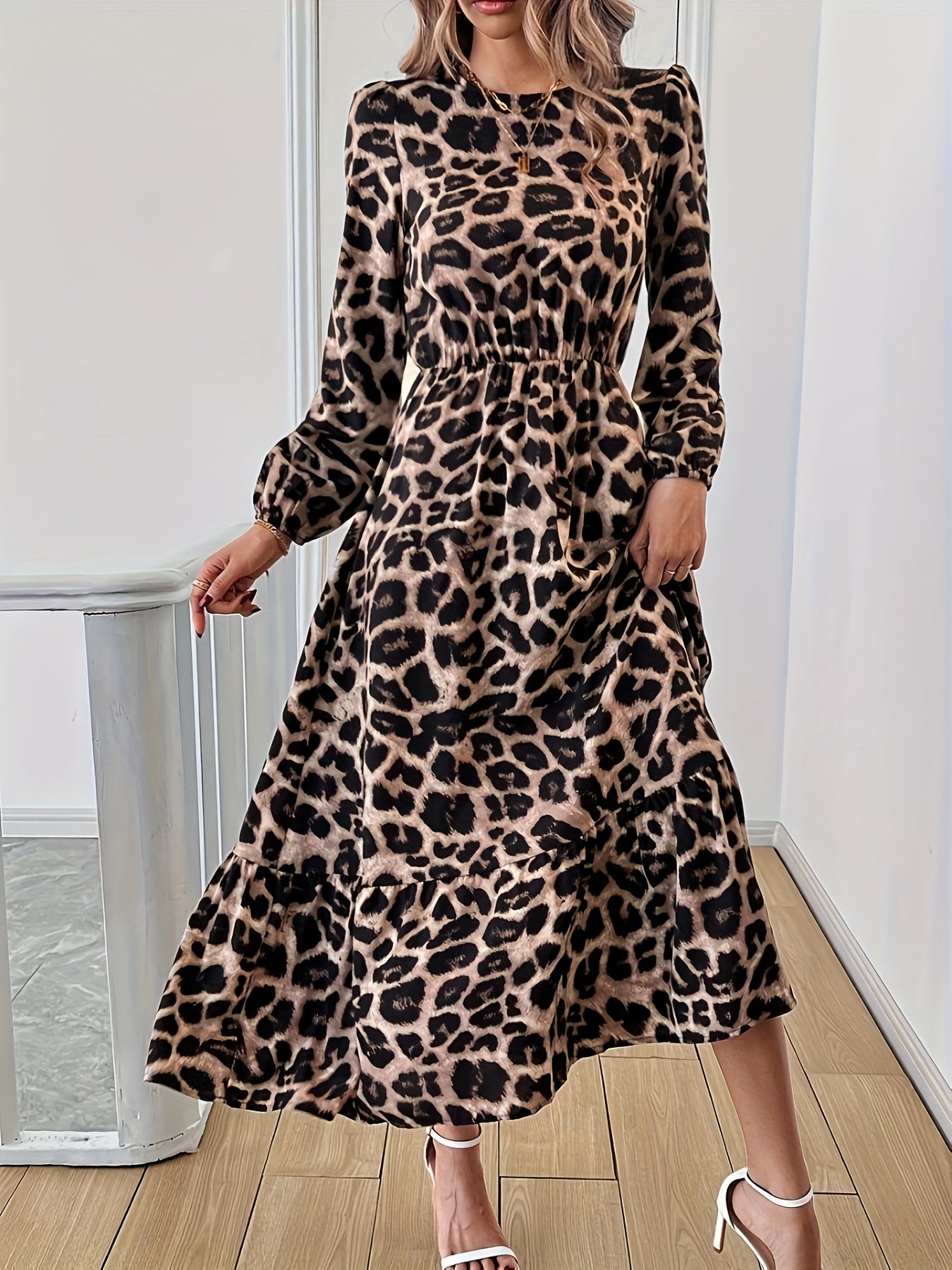 100% Polyester Leopard Print Crew Neck Long Sleeve Midi Dress for Women - A-Line Vacation Style Fall/Winter Dress