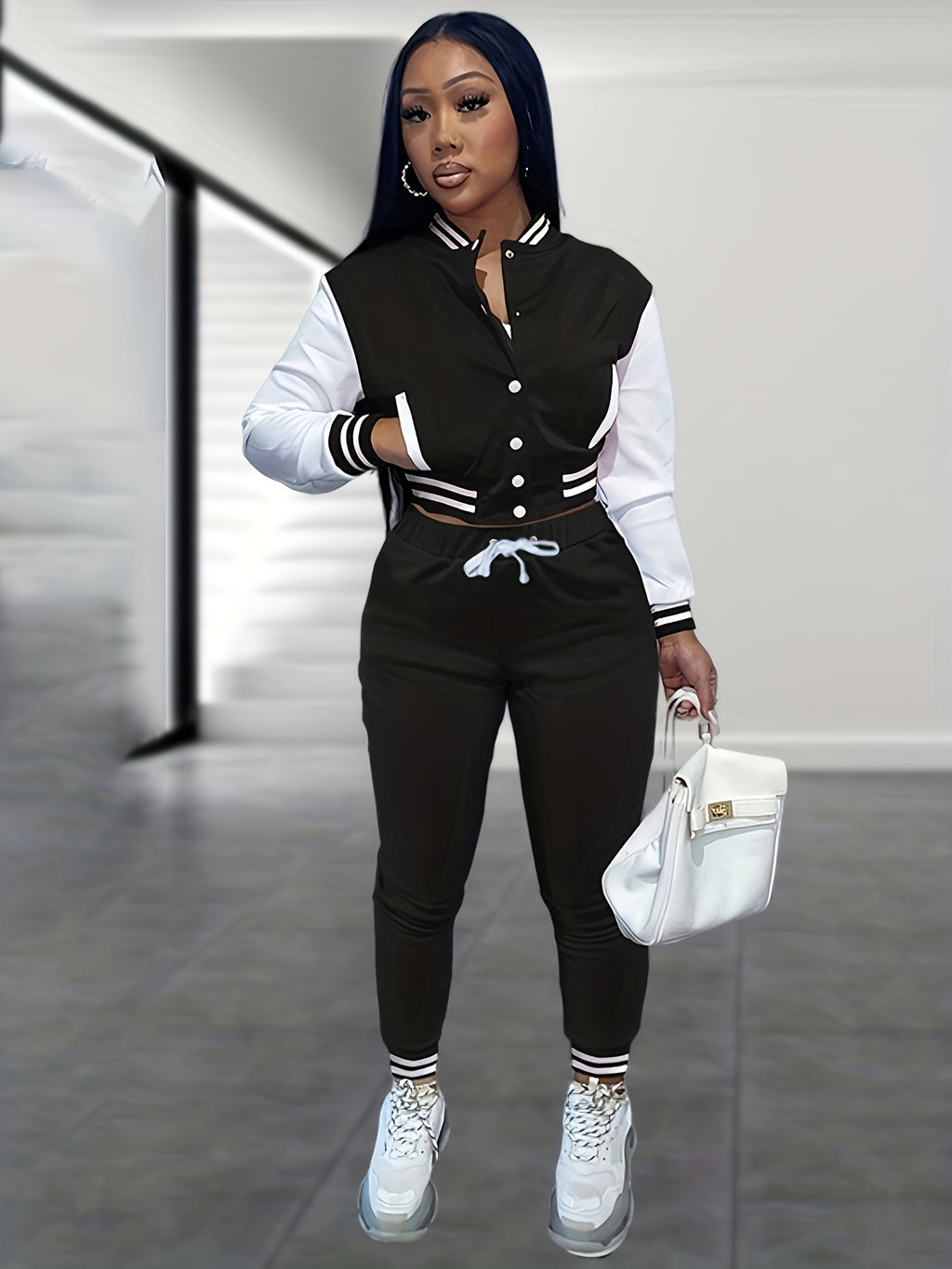 European And Trendy Women'S Patchwork Jacket with Single-Breasted Baseball Suit, a Two-Piece Outfit