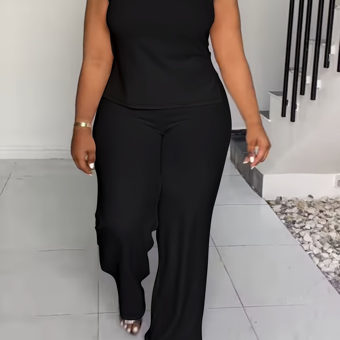Plus Size Elegant Lash Sets - High Neck, Split Sleeveless Top & Slit Hem Pants, Medium Stretch Polyester, Machine Washable, Solid Color, No Printing - Summer Outfits for Women