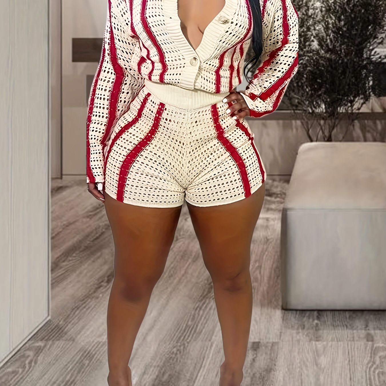 Two-Piece Color Block Knitted Pantsuit - Women's High Waist Shorts Outfits with Button Front Long Sleeve Top and Comfortable Fit