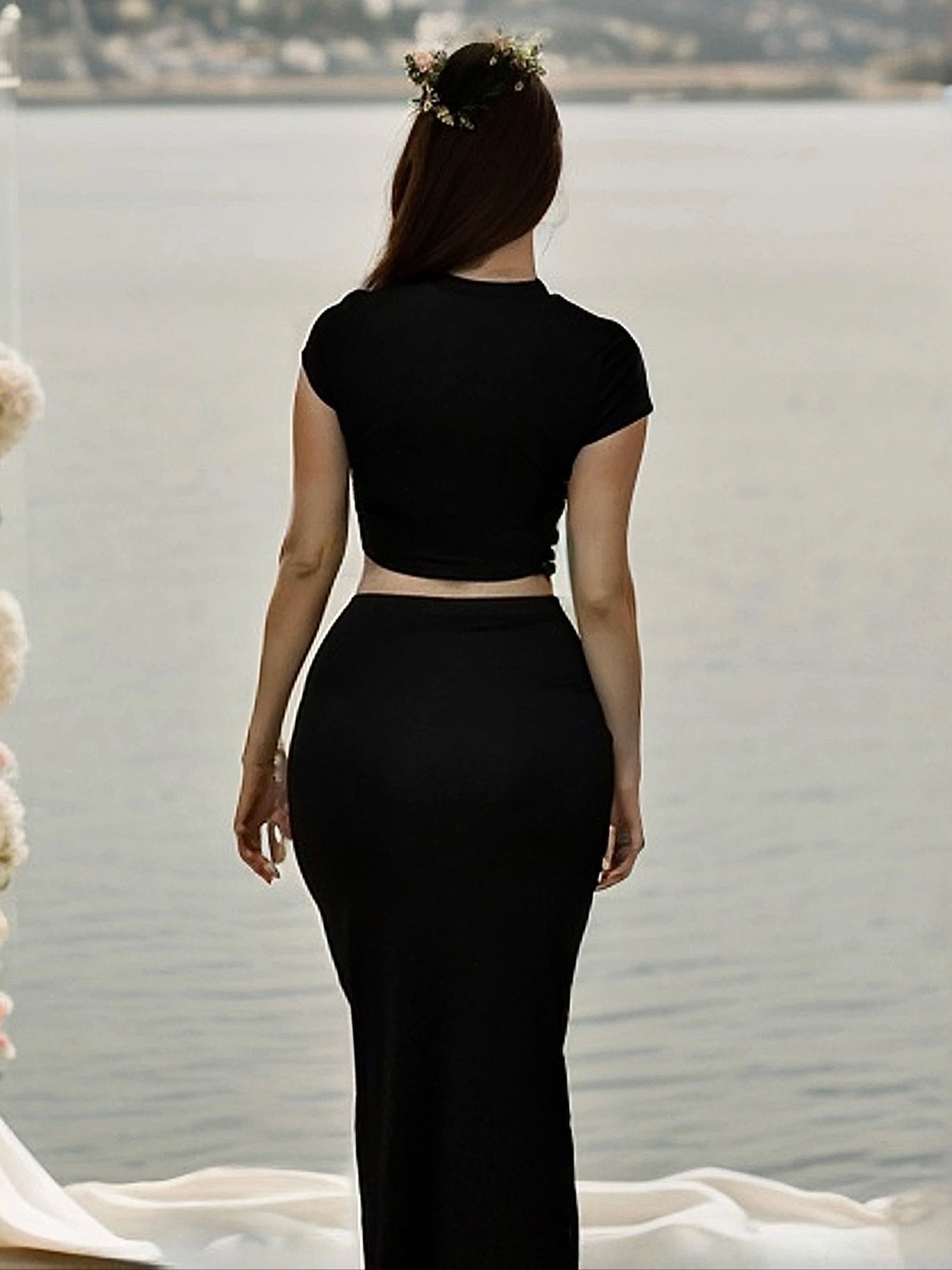 Two-piece Set, Solid Casual Crew Neck Crop Top & Bodycon Skirt Outfits for Women