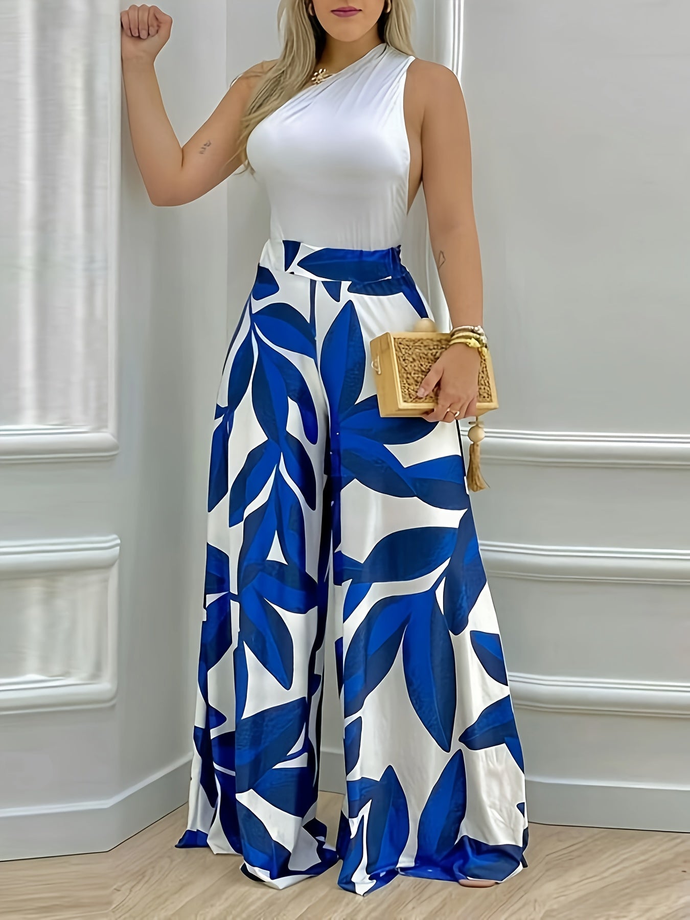 One Shoulder Solid Backless Tank Top Plus Wide Leg High Waist Pantsuits - High Elasticity, Polyester, Machine Washable, Solid Color, Knit Fabric, Casual Style Outfits for Women - Perfect for All Seasons