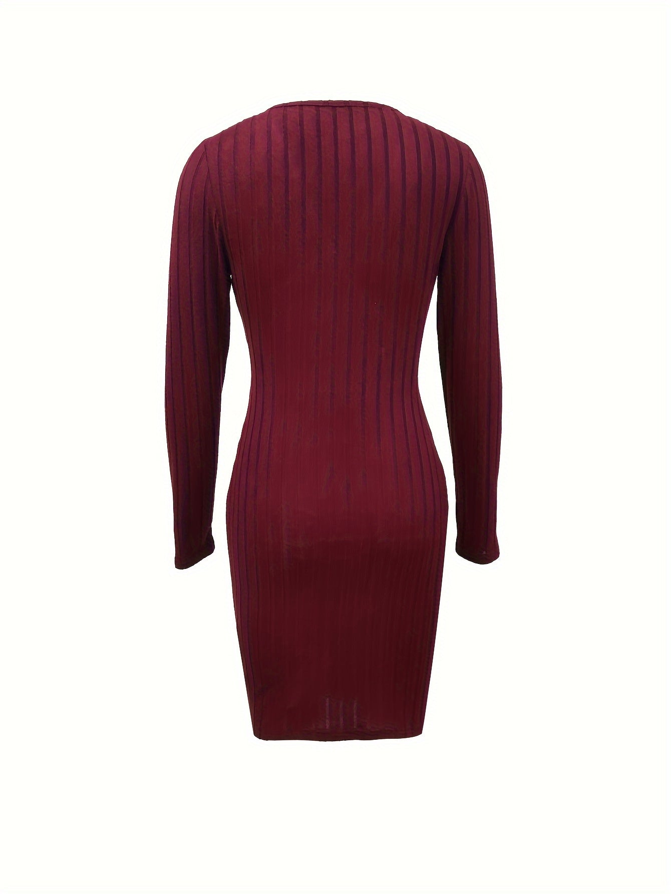 Vibrant Ribbed Bodycon Dress - Elegant Women's Long Sleeve V Neck Dresses for Everyday Wear - Solid Color, Comfortable, and Flattering
