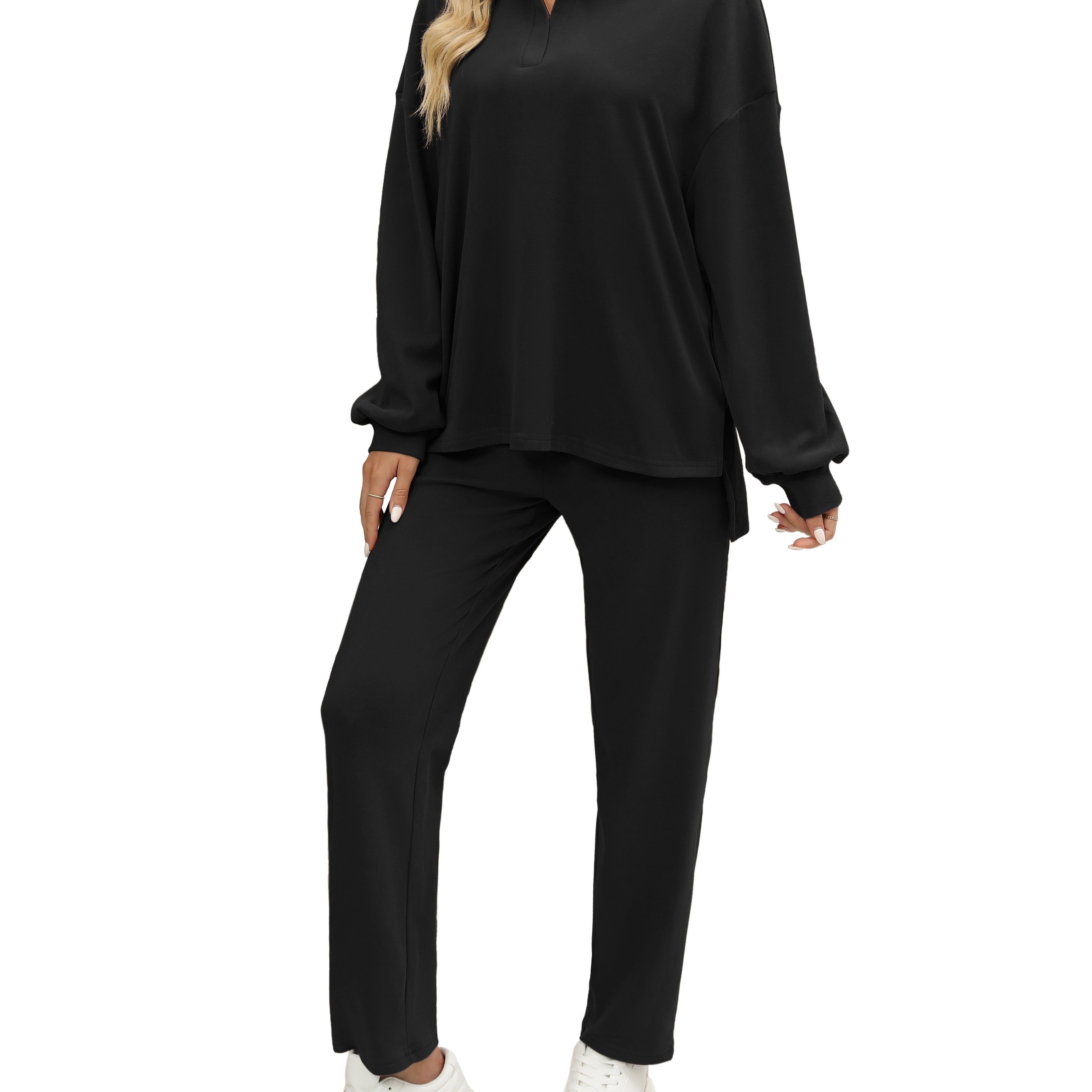 Two Pieces Outfits For Women Oversized Side Slit Sweatshirts&Comfortable Long Pants Sweatsuits