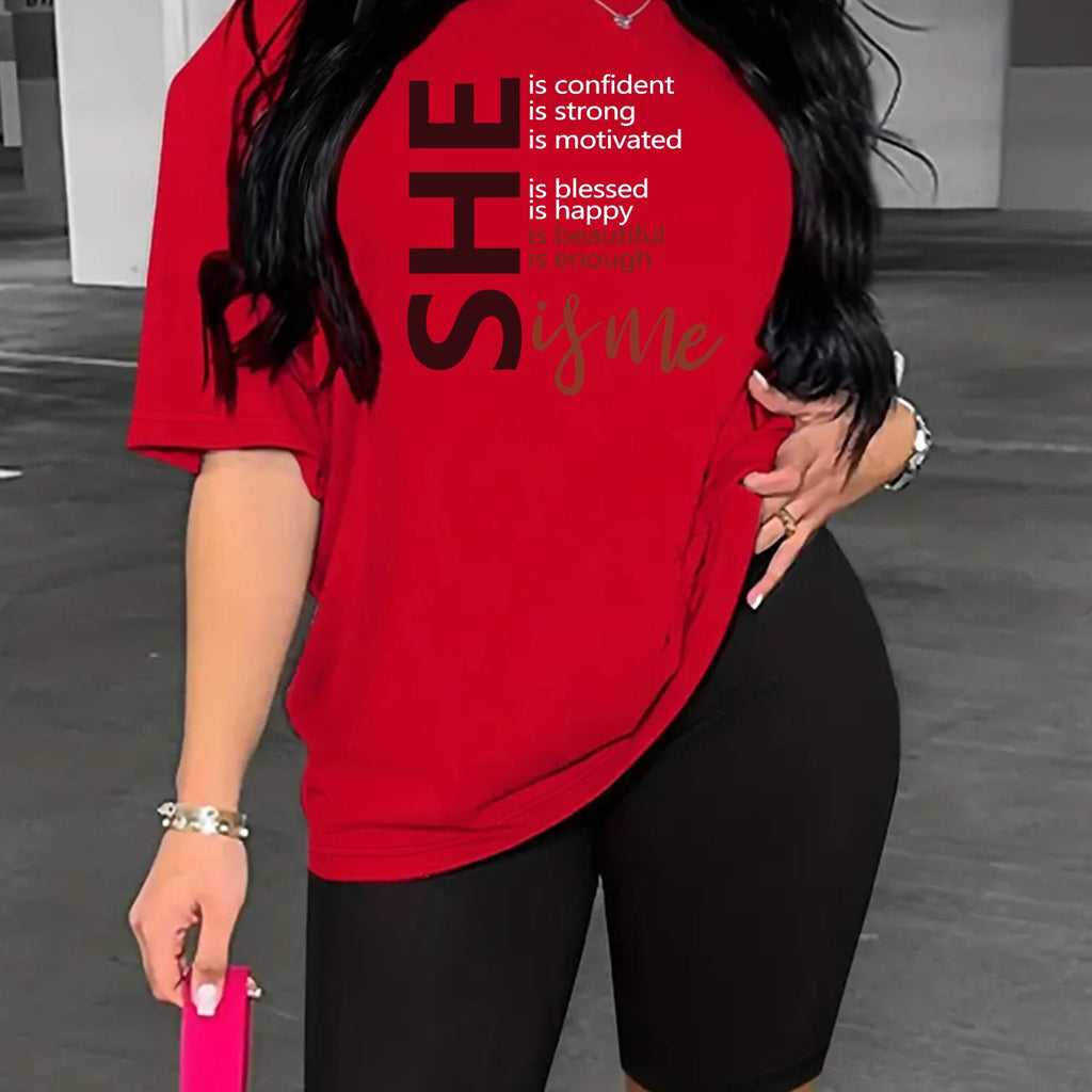 Two Piece Set, Drop Shoulder Short Sleeve Letter Print Casual T-shirt & Short Leggings Outfits for Women