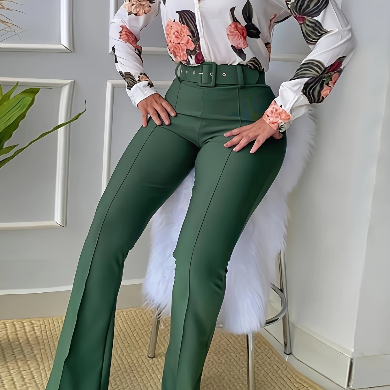 Women'S Casual Floral Print Two-Piece Set - Long Sleeve Blouse with Ruffle Detail, Wide-Leg Pants, and White Heels, All-Season Stylish Outfit, Casual Attire | Floral Print Top | Ruffle Detail Top, Ladies Casual Wear