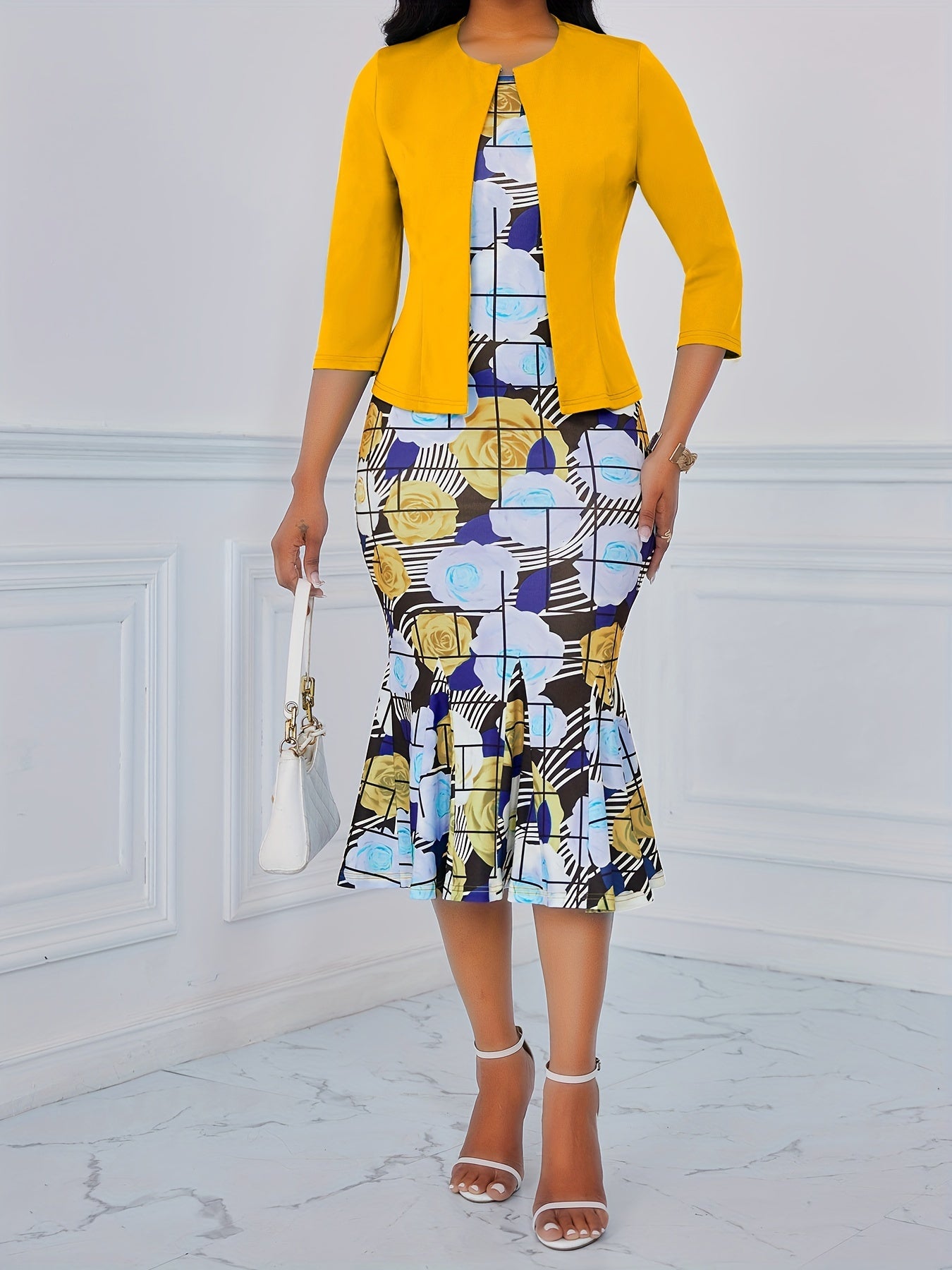 Elegant Spring Dress Set - Solid Color Open Front Outerwear & Floral Print Crew Neck Sleeveless Mermaid Dress Outfits - For Women - Perfect for Spring & Summer - Ideal Gift for Women