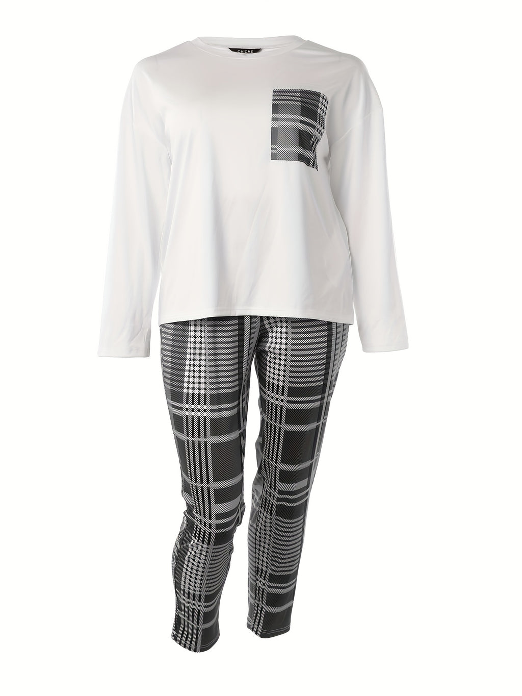 Plus Size Casual Outfits Set, Women's Plus Plaid Print Long Sleeve Round Neck Top & Pocketed Pants Outfits Two Piece Set