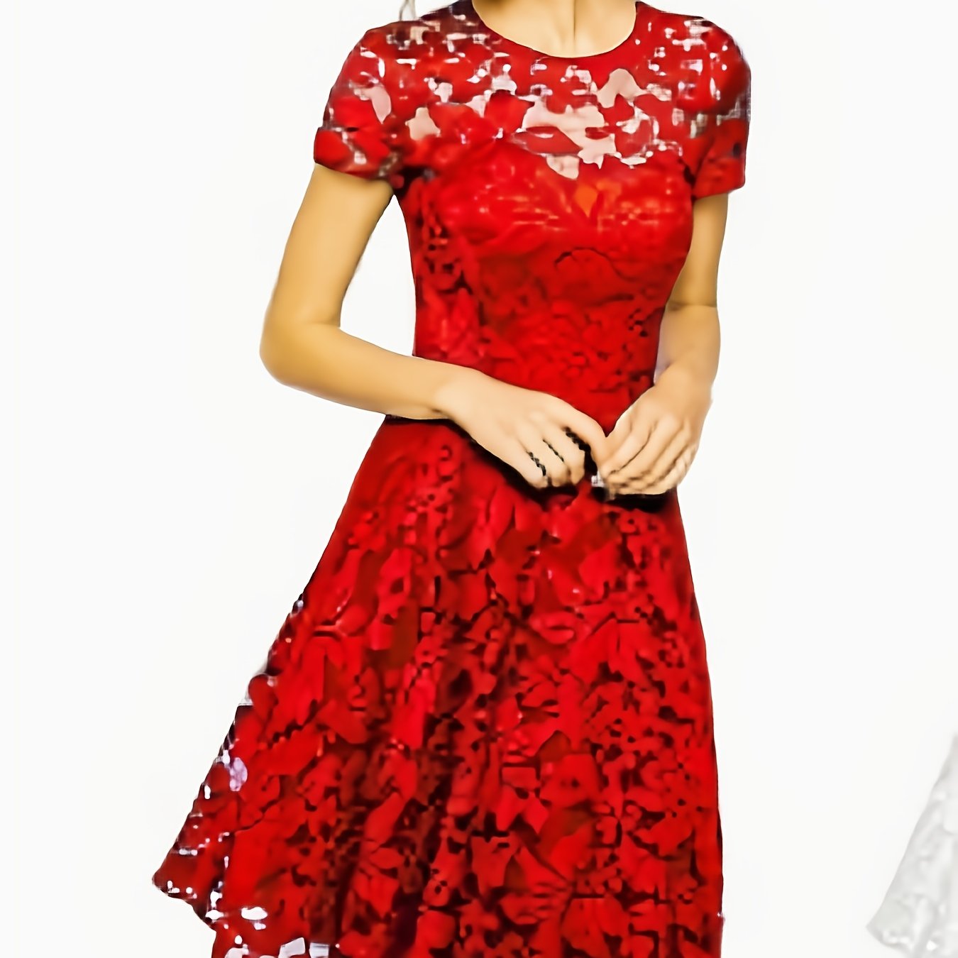 A-Line Dress with Floral Design - Short Sleeve Summer Dress Featuring a Crew Neck And Semi-Sheer Lace, Perfect for Beach Trips And Casual Chic Looks, Adorable Summer Dresses with a Soft Fabric.