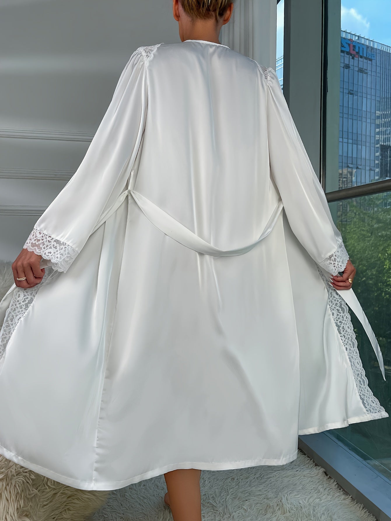 Elegant Solid Contrast Lace Night Robe, Hollow Out Long Sleeve V Neck Robe With Belt, Women's Sleepwear & Dresses for fall & winter