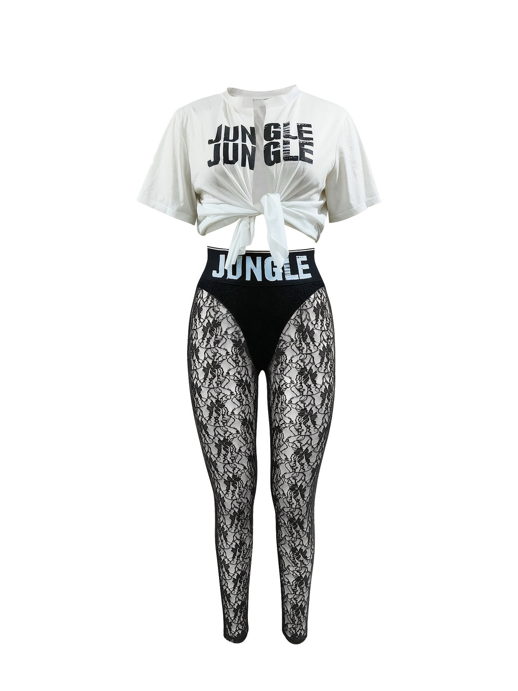 Two-Piece Hourglass Figure Flattering Set - Short Sleeve Crop Top & High Waist Semi-Sheer Lace Pants Outfit with Applique Details, Micro Elasticity, and Positioning Printing - Perfect for Spring/Summer Vacation