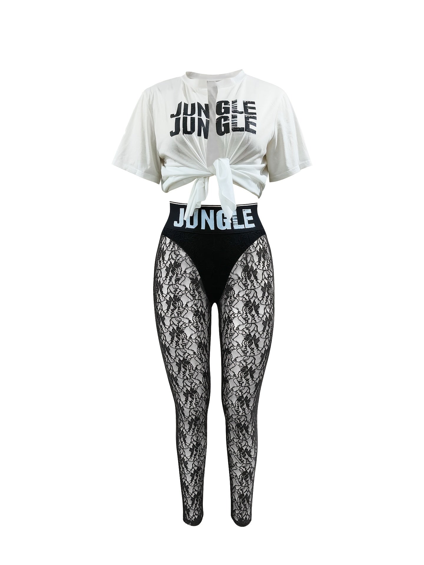 Two-Piece Hourglass Figure Flattering Set - Short Sleeve Crop Top & High Waist Semi-Sheer Lace Pants Outfit with Applique Details, Micro Elasticity, and Positioning Printing - Perfect for Spring/Summer Vacation