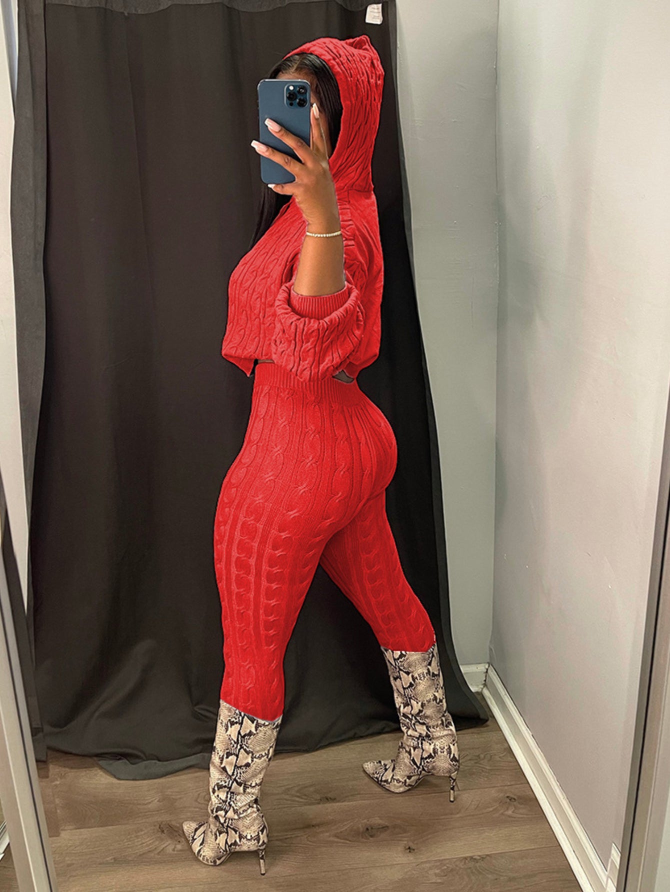 Women's Warm Winter Outfit - 2pcs Red Twisted Hoodie & Leggings Set, Oversized Hooded Sweater with Matching Pants - Cozy Solid Color Outfits for Casual & Party Wear, Stylish Fall Winter Outfits for Women (Easy-Care Fabric)