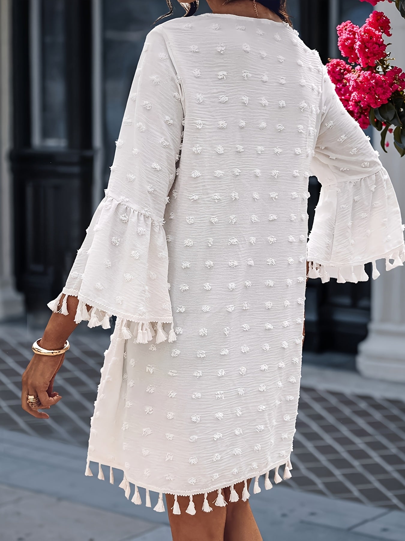 Women's Summer Casual Polka Dot V-Neck Dress with Ruffle Sleeves & Cutout Details - Lightweight Straight Cut Beach Dress for Women, Hand Wash Only, Summer Fashion | Bohemian Style | Frayed Hem Detailing, Summer Dresses