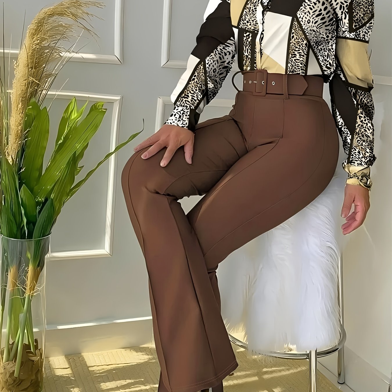 Women'S Casual Floral Print Two-Piece Set - Long Sleeve Blouse with Ruffle Detail, Wide-Leg Pants, and White Heels, All-Season Stylish Outfit, Casual Attire | Floral Print Top | Ruffle Detail Top, Ladies Casual Wear