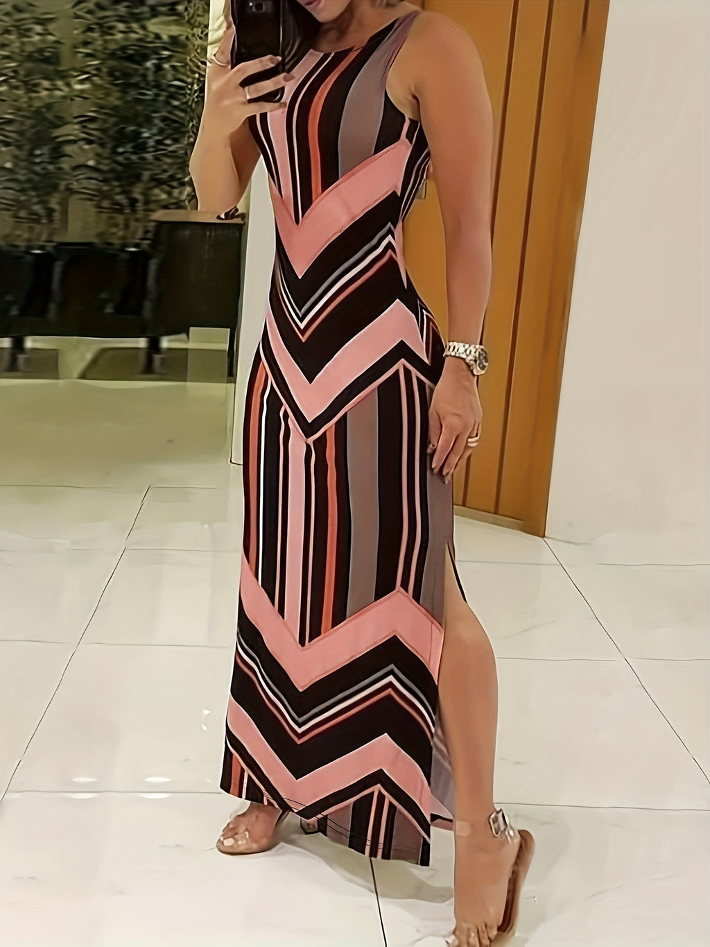 Women's Elegant Sleeveless Maxi Dress, Flattering Fit, Formal & Casual Chic Outfit, All-Season Formal Party Wedding Everyday Dresses for Women, Geometric Pattern, Spring/Fall/Summer, Dresses for Wedding, Spring Fashion, Styli