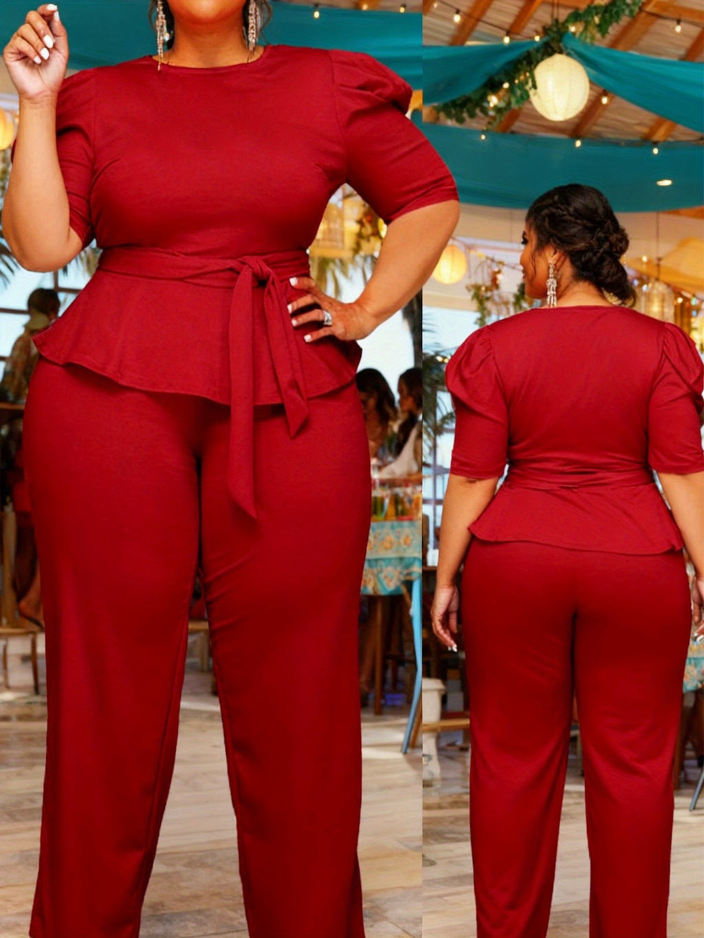 Plus Size 2pcs Outfits for Women Blazer Top Long Sleeve Long Pants Sets Formal Evening Ruffles Slim Fit Blazer Top And Long Pants Set Casual Elegant Business Suit with Belt