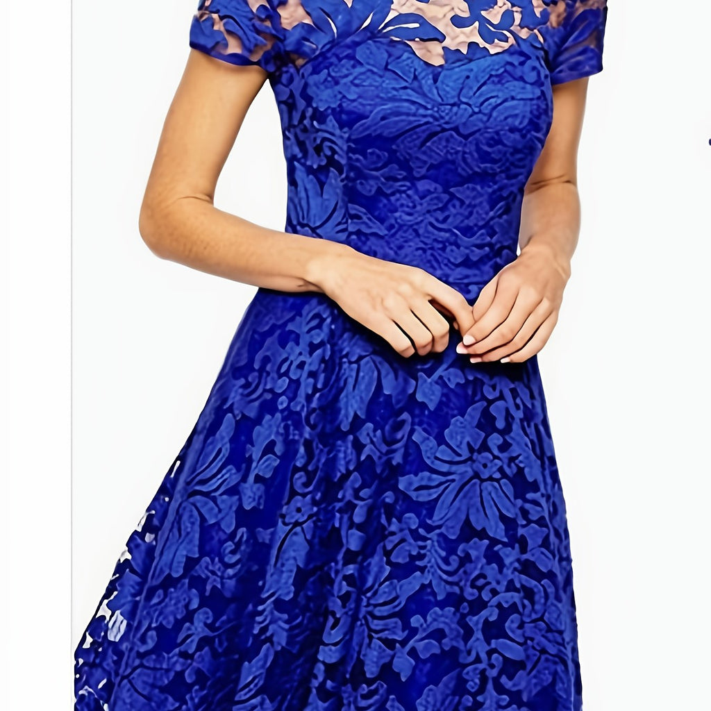 A-Line Dress with Floral Design - Short Sleeve Summer Dress Featuring a Crew Neck And Semi-Sheer Lace, Perfect for Beach Trips And Casual Chic Looks, Adorable Summer Dresses with a Soft Fabric.