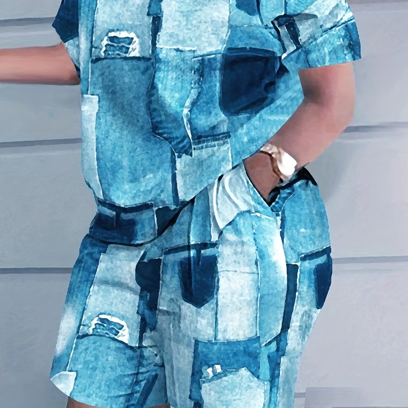Plus Size Casual Outfits Set, Women's Plus Splash Print Round Neck Short Sleeve Top & Shorts With Pockets Outfits Two Piece Set