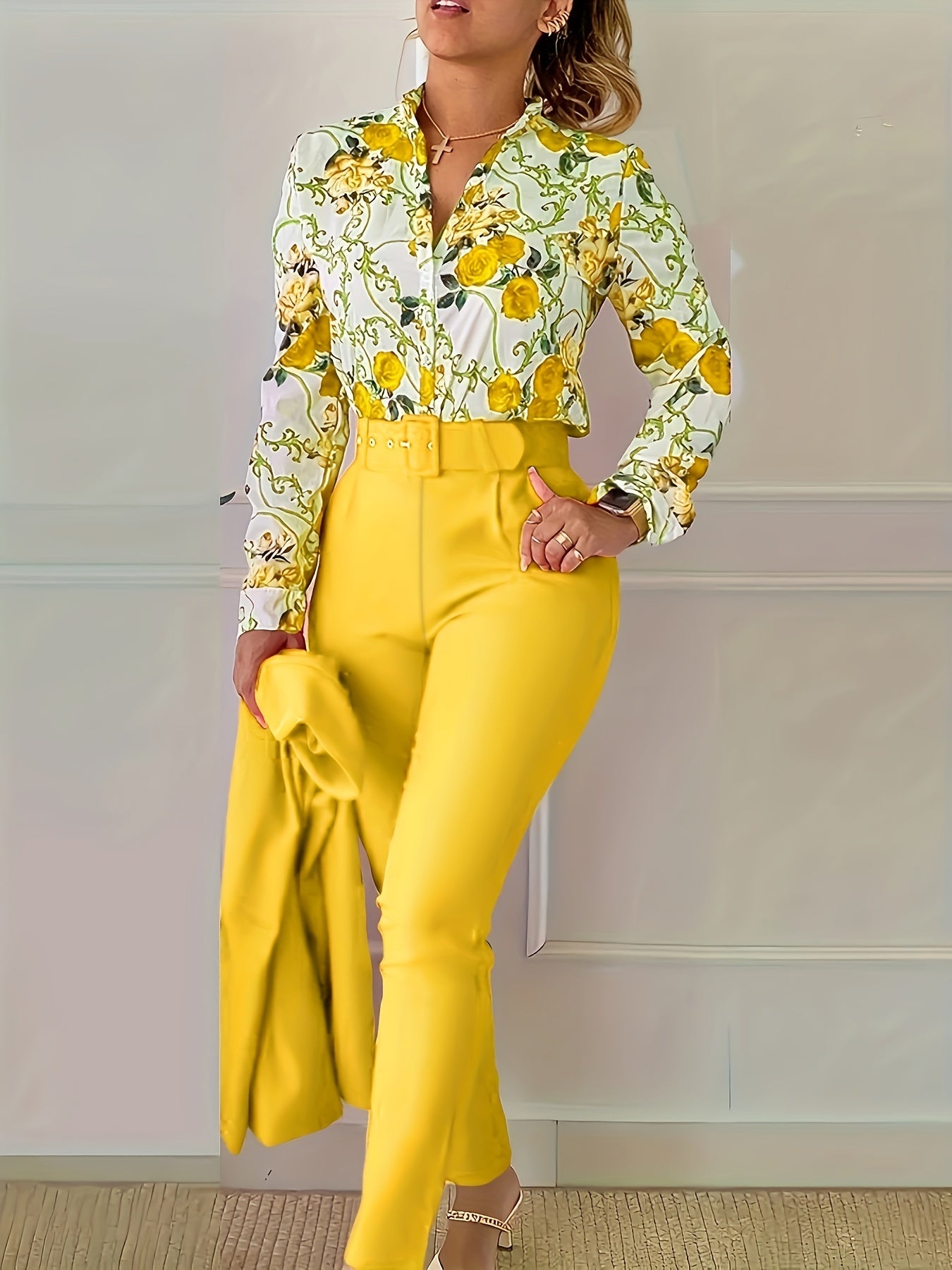 Elegant Two-piece Set, Floral Print V Neck Long Sleeve Blouse & Solid Belted Tapered Pants Outfits, Women's Clothing