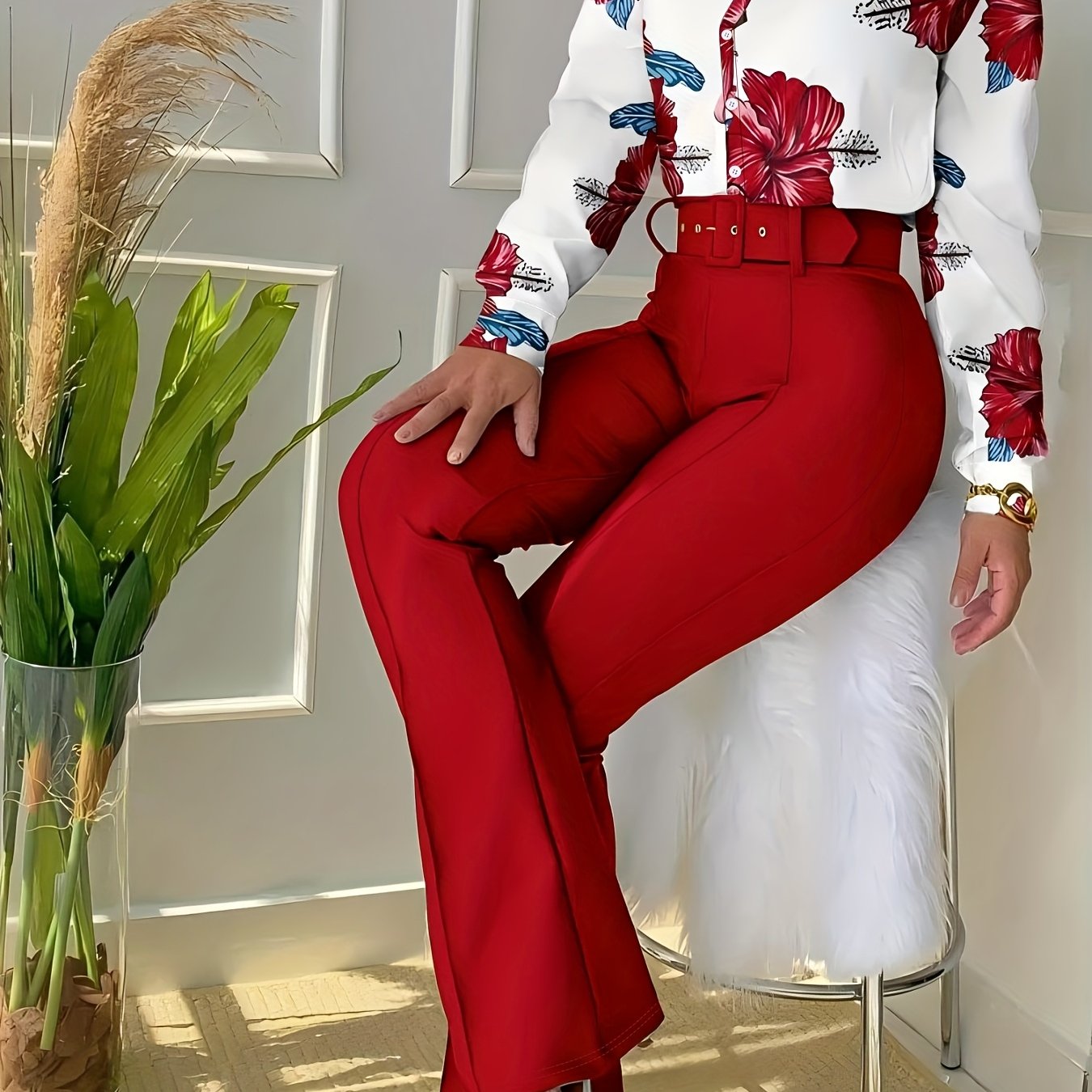 Women'S Casual Floral Print Two-Piece Set - Long Sleeve Blouse with Ruffle Detail, Wide-Leg Pants, and White Heels, All-Season Stylish Outfit, Casual Attire | Floral Print Top | Ruffle Detail Top, Ladies Casual Wear