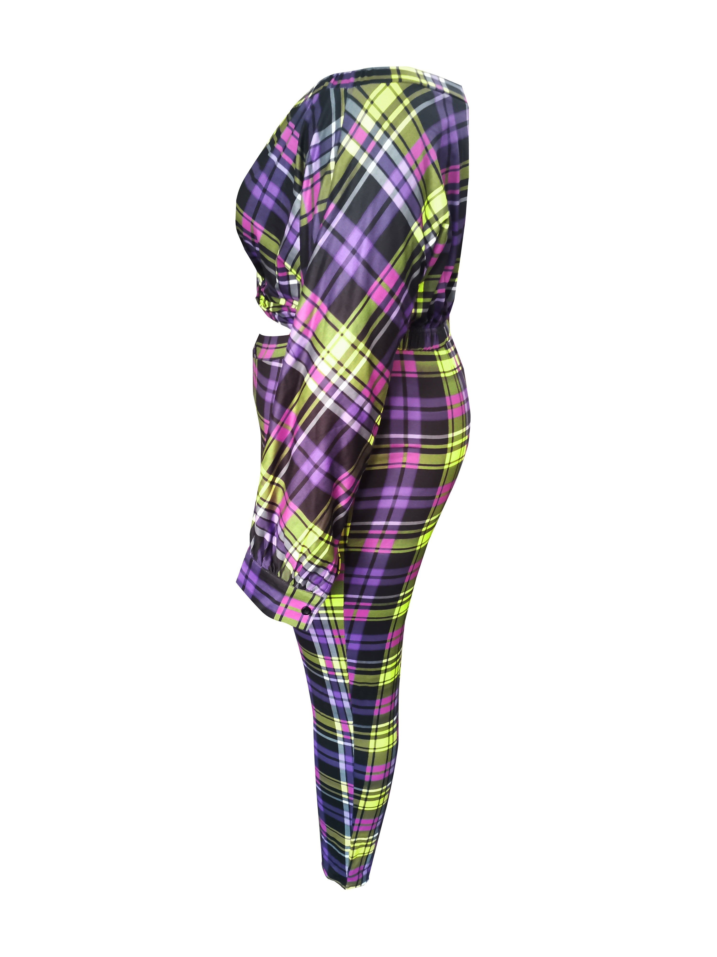 Plus Size Sexy Outfits Set, Women's Plus Plaid Print Twist Front Off Shoulder Long Sleeve Crop Top & Leggings Outfits Two Piece Set