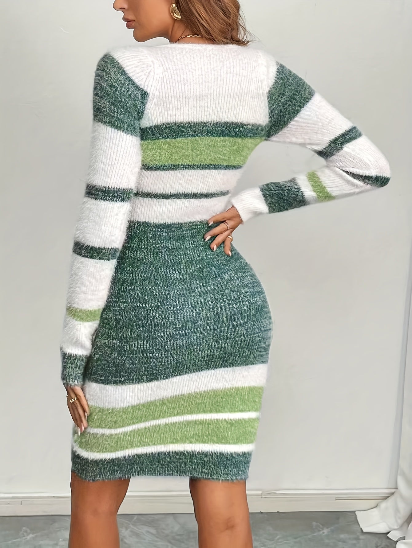 Women'S Elegant Sweater dress - Long Formal & casual Outfit in Pink/White/Stripes, All-Season Chic Sweaterdress for Parties, Office, Casual Attire - Women'S Clothing, Party Attire, Colorblock Design, Comfortable Fit, Office A